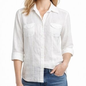 Edward Cuff Sleeve Button Down Linen Shirt in White Size Medium